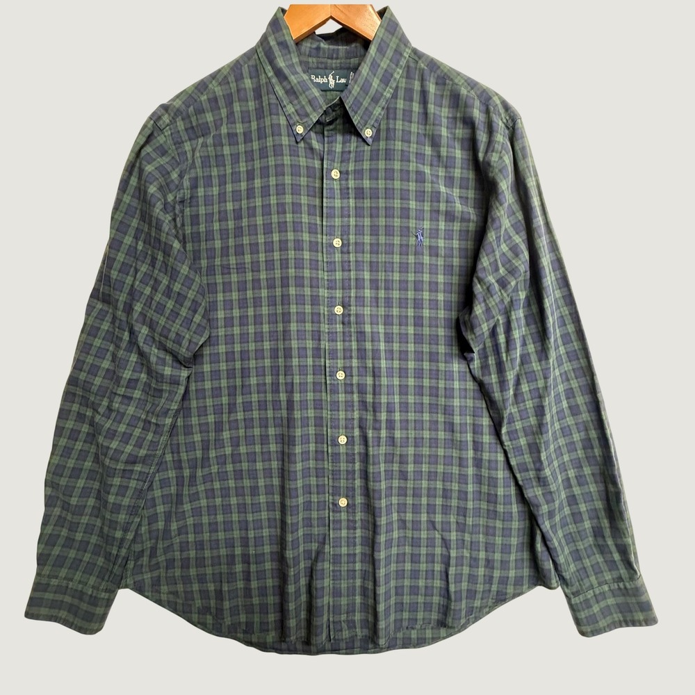Ralph Lauren Mens L Plaid Button Down Shirt Blue Green Long Sleeve Pony Preppy